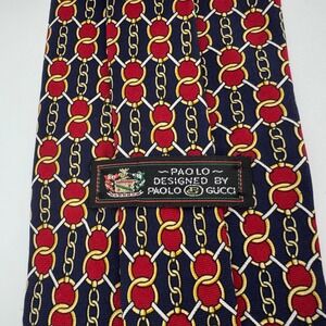 Vintage Paolo Gucci Necktie Tie Designer Red Gold Chain Print Silk Men's Fashion